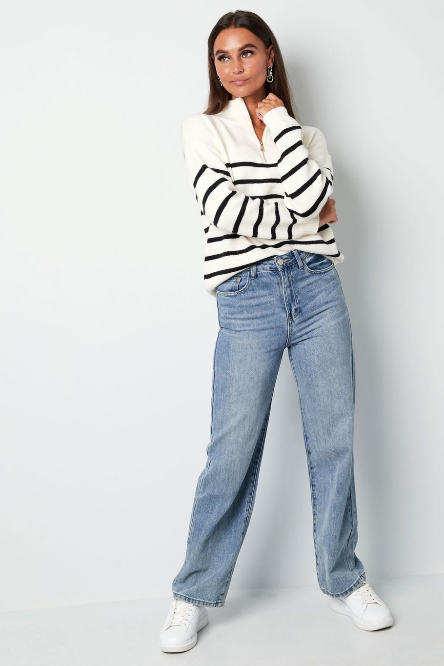 Knitted sweater stripes with zipper - beige black - SM Picture5
